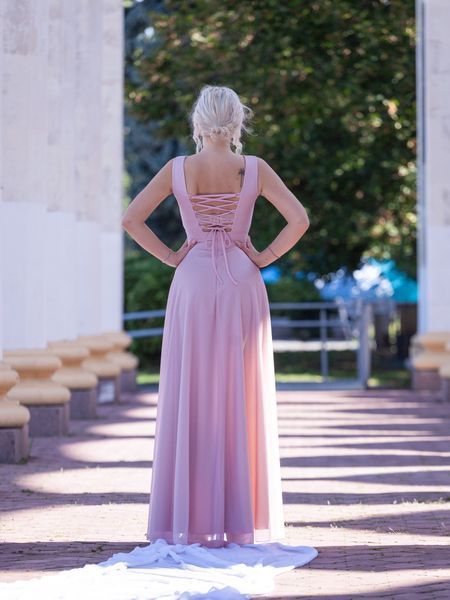 Long powder-colored chiffon evening dress with a lace-up back. (XS, pastel pink)