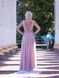 Long powder-colored chiffon evening dress with a lace-up back. (XS, pastel pink)
