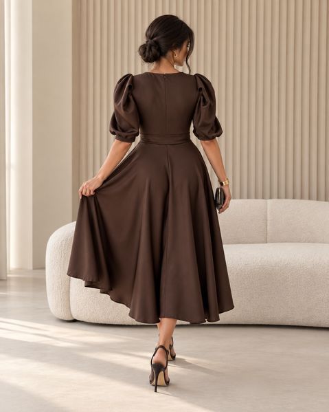 Women's Brown Midi Dress With Belt (XXL, brown)