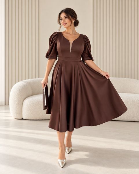 Women's Brown Midi Dress With Belt (XXL, brown)
