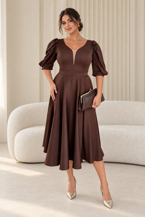 Women's Brown Midi Dress With Belt (XXL, brown)