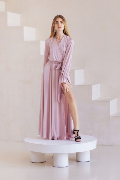 Pastel Pink Silk A-Line Maxi Dress with Long Sleeves and Double Wrap Tie Belt (XS/S, pastel pink)