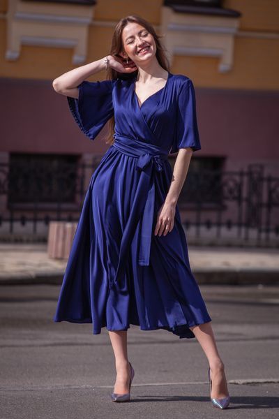 Blue Silk V-Neck Midi Dress: A-line Fit & Flare Cocktail Dress with 3/4 Sleeves (XL, blue)