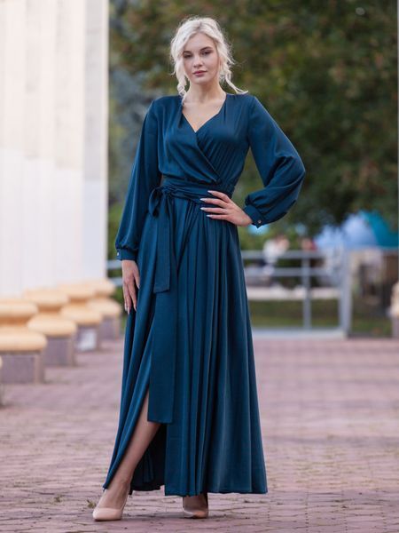 Dark blue floor-length satin evening dress (XXL, navy blue)