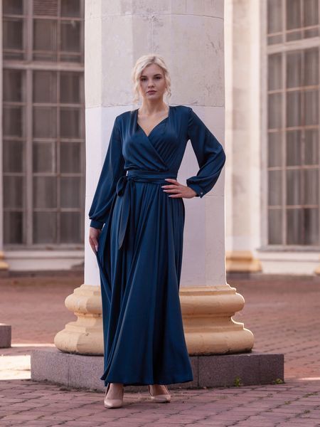 Dark blue floor-length satin evening dress (XXL, navy blue)
