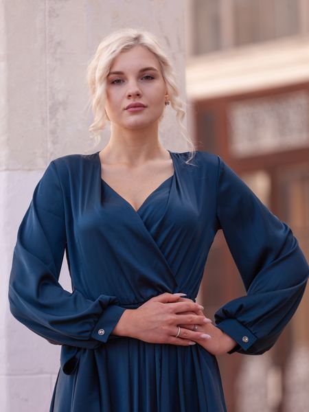Dark blue floor-length satin evening dress (XXL, navy blue)