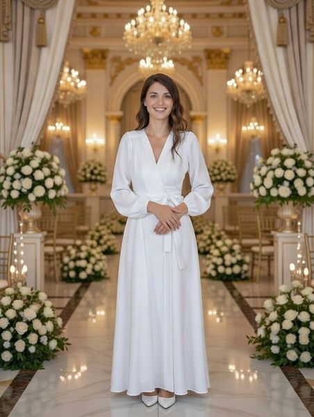 Elegant White Satin A-Line Long Sleeve Wrap Maxi Dress (M, white)