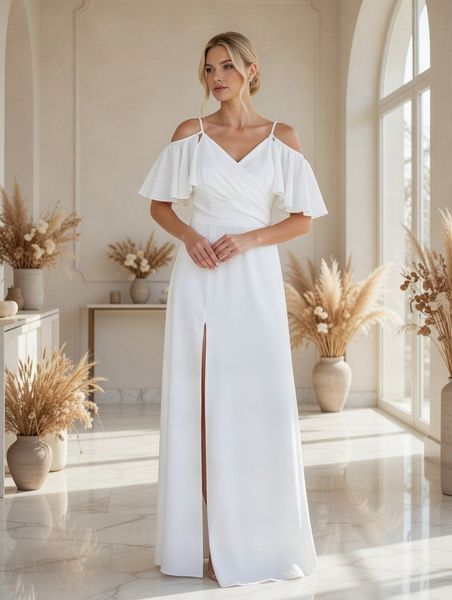 White Maxi Dress with Slit and Short Convertible Sleeves (S, white)