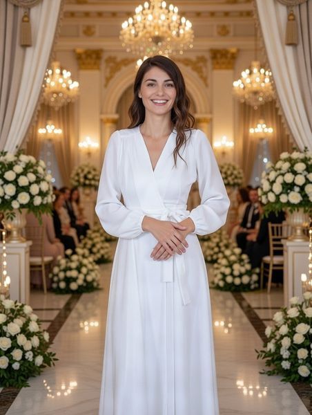 Elegant White Satin A-Line Long Sleeve Wrap Maxi Dress (M, white)