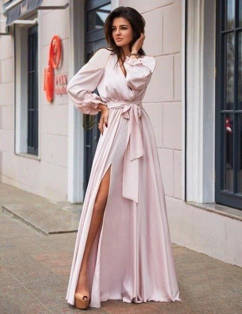 Pastel Pink Silk A-Line Maxi Dress with Long Sleeves and Double Wrap Tie Belt (XS/S, pastel pink)