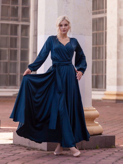 Dark blue floor-length satin evening dress (XXL, navy blue)