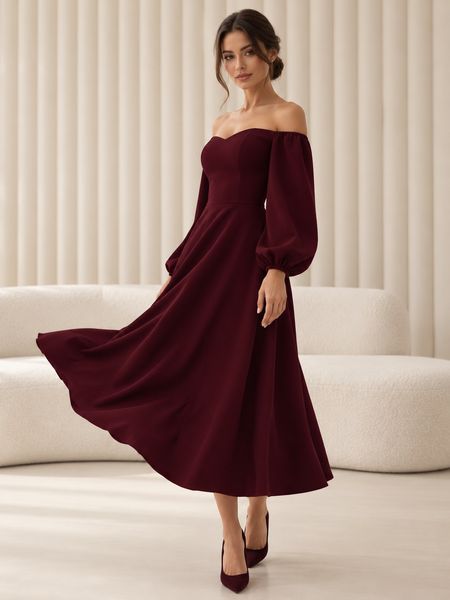 Classic burgundy midi cocktail dress with long sleeves (S, burgundy)