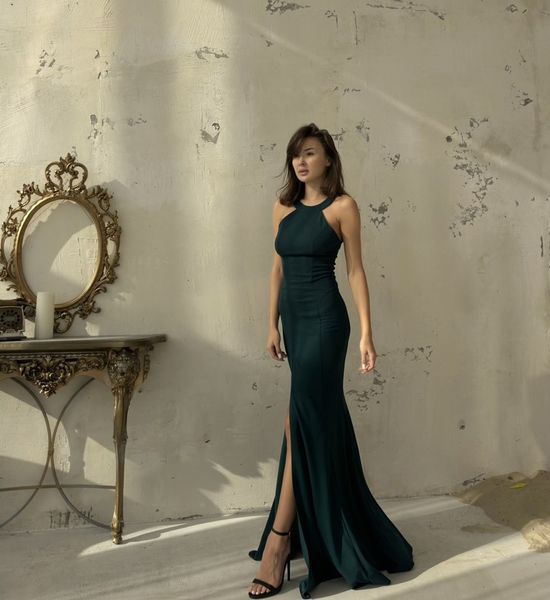 Emerald Green Sleeveless Bodycon Formal Maxi Dress with High Slit (L, emerald green)