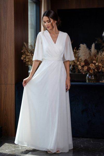 White A-Line Floor-Length Chiffon Dress with Sheer Sleeves (XXL, white)