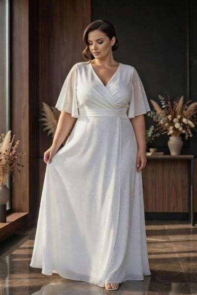 White A-Line Floor-Length Chiffon Dress with Sheer Sleeves (XXL, white)