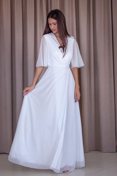 White A-Line Floor-Length Chiffon Dress with Sheer Sleeves (XXL, white)