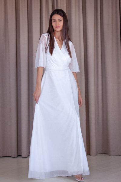 White A-Line Floor-Length Chiffon Dress with Sheer Sleeves (XXL, white)