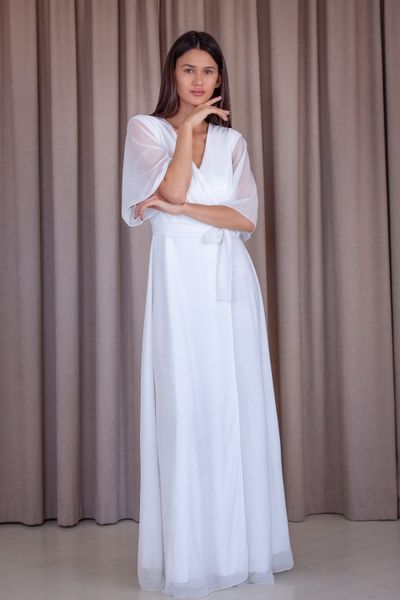White A-Line Floor-Length Chiffon Dress with Sheer Sleeves (XXL, white)