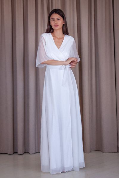 White A-Line Floor-Length Chiffon Dress with Sheer Sleeves (XXL, white)