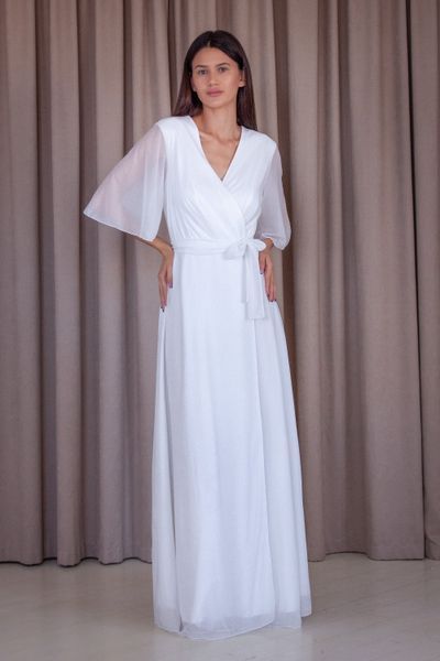 White A-Line Floor-Length Chiffon Dress with Sheer Sleeves (XXL, white)
