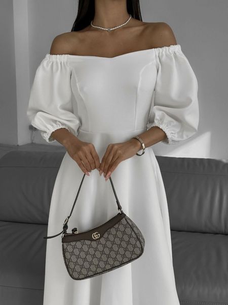 Puff Sleeve Square Neck White Midi Dress for Autumn Wedding Guests (XS/S, white)
