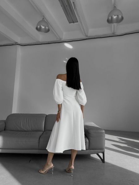 Puff Sleeve Square Neck White Midi Dress for Autumn Wedding Guests (XS/S, white)