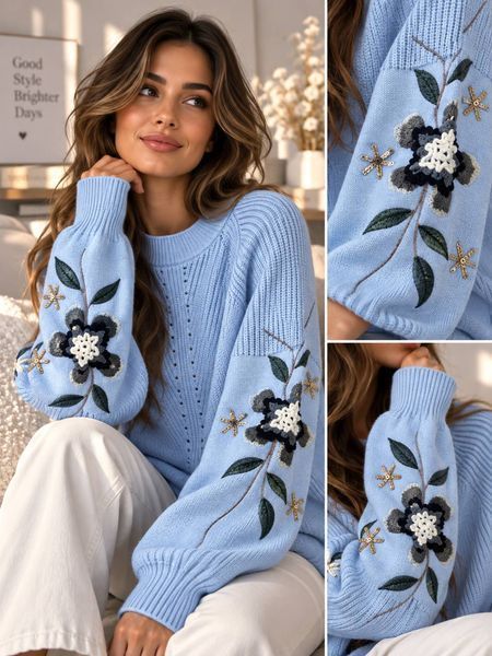 Women's Light Blue Embroidered Knit Sweater (универсальный (S/L), light blue)