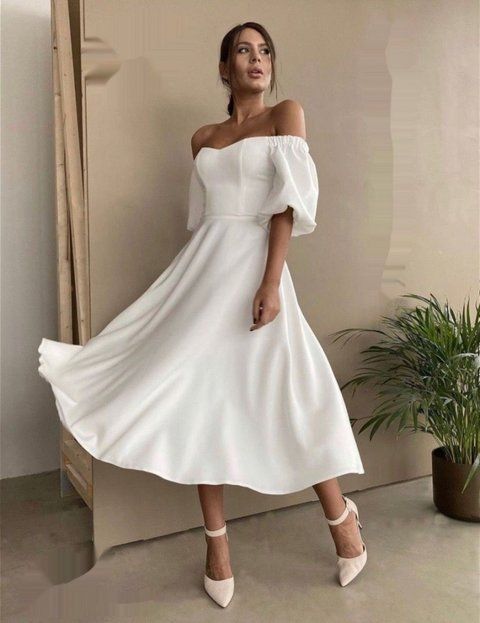 Puff Sleeve Square Neck White Midi Dress for Autumn Wedding Guests (XS/S, white)