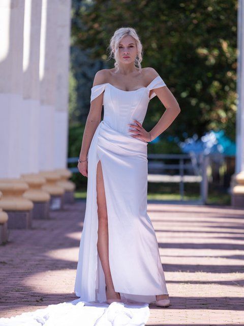 Вечірня атласна корсетна сукня білого кольору (S, Молочний) MLT-40-448-638 фото