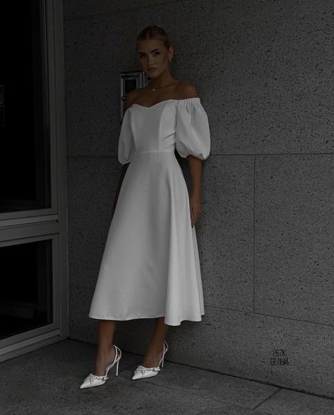 Puff Sleeve Square Neck White Midi Dress for Autumn Wedding Guests (XS/S, white)