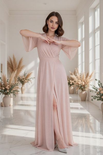 Нарядное блестящее золотистое платье в пол на короткий рукав (XL/XXL, золотистый) DEV-40-247-580 фото