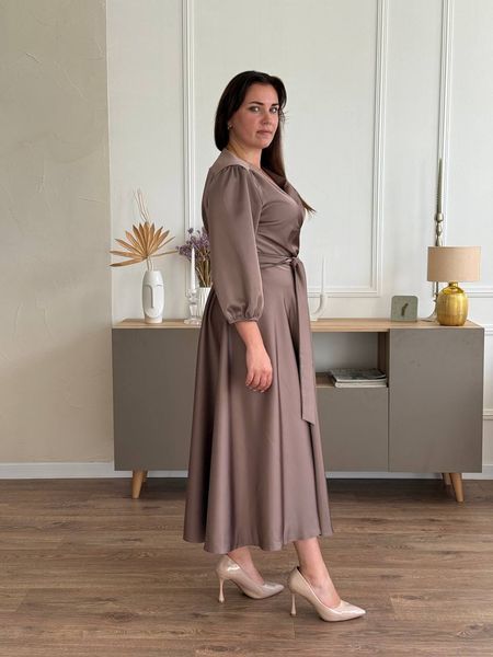 Мocha color Silk Wrap Midi Dress with 3/4 Sleeves - Ideal forl Parties and Wedding Guests (L/XL, coffee)