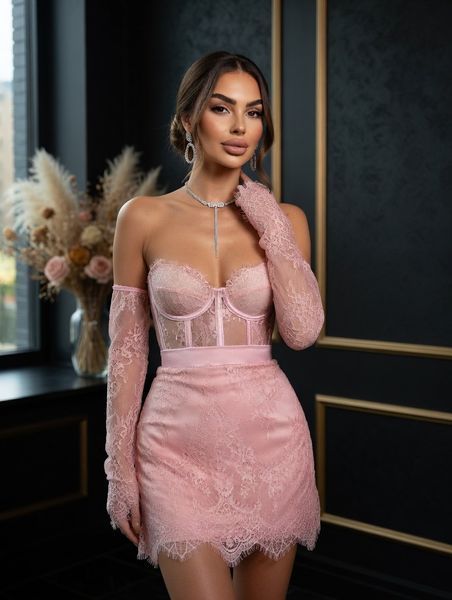 Short corset mini dress with lace (XS/S, pink)