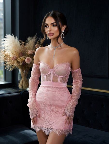 Short corset mini dress with lace (XS/S, pink)