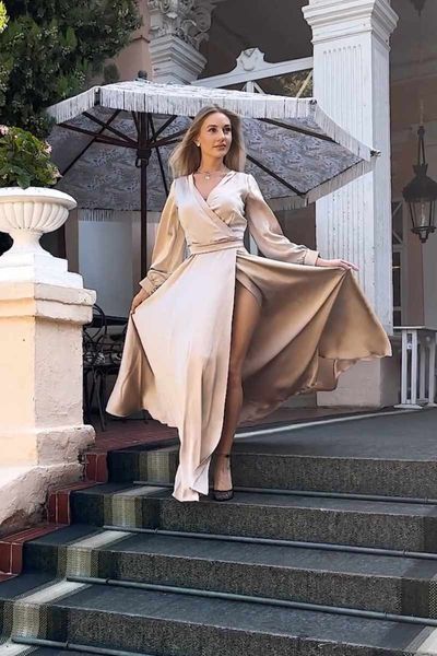 Satin Wedding Guest V-neck A-line Maxi Formal Dress with Sleeves in Beige (XS, beige)