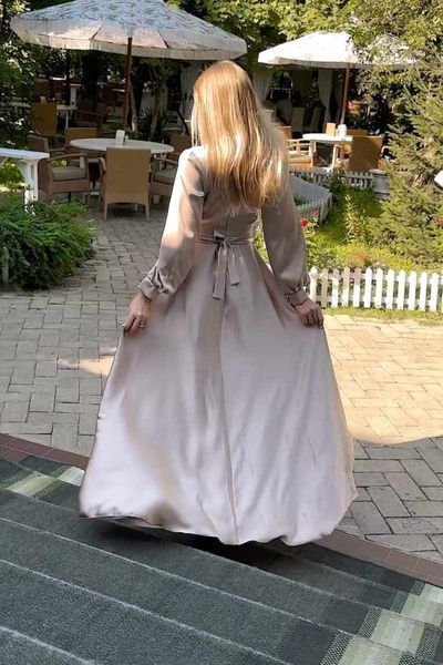 Satin Wedding Guest V-neck A-line Maxi Formal Dress with Sleeves in Beige (XS, beige)