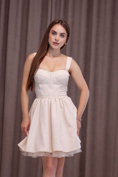 Short Backless Beige Cocktail Dress with Lace-Up Corset Top (S, beige)