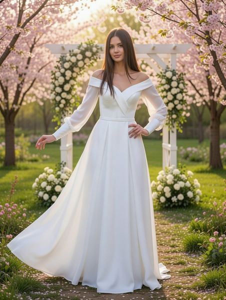 Весільна атласна сукня з корсетом та прозорими рукавами (M/L, Білий) LOL-40-449-530 фото Весільна атласна сукня з корсетом та прозорими рукавами (M/L, Білий) LOL-40-449-530 фото