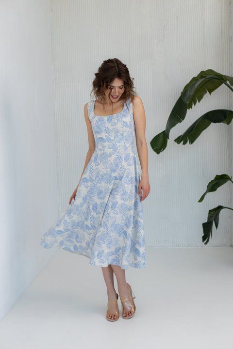 Midi summer dress in floral print (M, light blue)