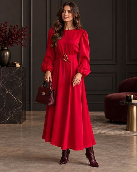 Red silk long-sleeved dress (S, red)