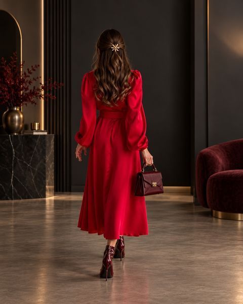 Red silk long-sleeved dress (S, red)