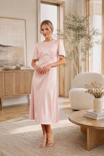 Light pink short-sleeved midi dress (S, pink)