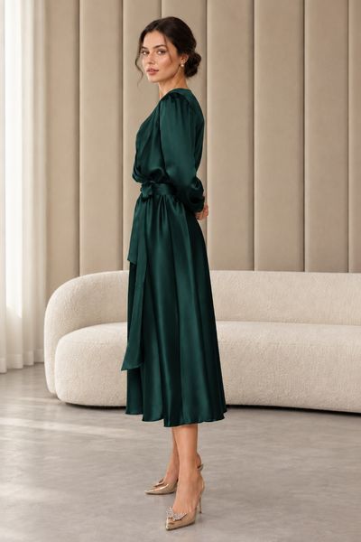 Emerald Green Silk Midi Wrap Dress with Belt and Puff Sleeves (L, )