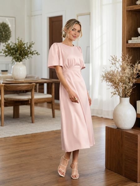 Light pink short-sleeved midi dress (S, pink)