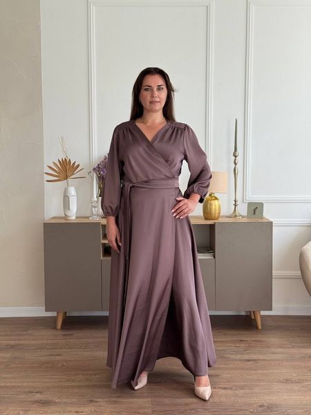 Silk Wrap i Dress with 3/4 Sleeves - Ideal forl Parties and Wedding Guests cappuccino color (L/XL, coffee)
