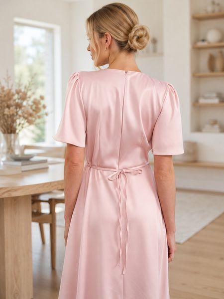 Light pink short-sleeved midi dress (S, pink)