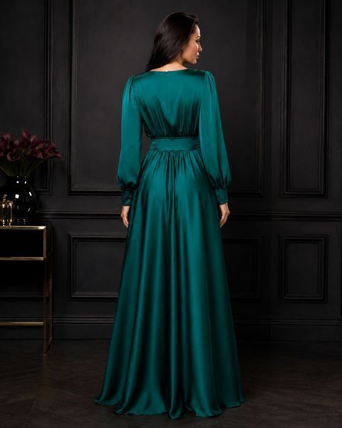 Long emerald silk evening A-line dress (M, emerald green)
