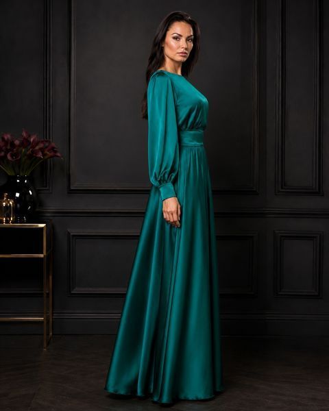 Long emerald silk evening A-line dress (M, emerald green)