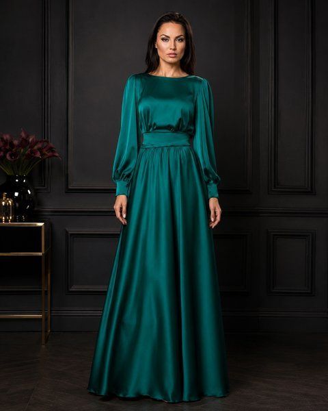 Long emerald silk evening A-line dress (M, emerald green)