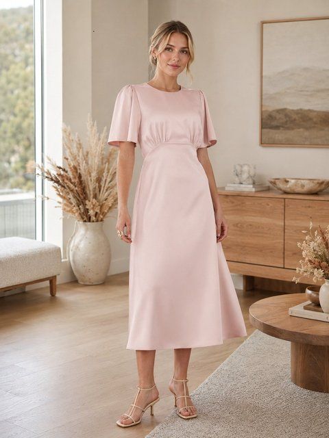 Light pink short-sleeved midi dress (S, pink)